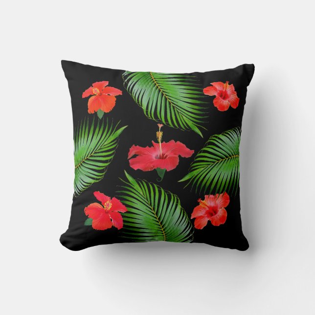 Coussin Fleurs d'Hibiscus Rouge & Feuilles de Palmier sur  (Recto)