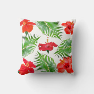 Coussin Fleurs d'Hibiscus Rouge & Feuilles de Palmier sur 