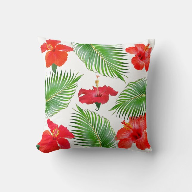 Coussin Fleurs d'Hibiscus Rouge & Feuilles de Palmier sur  (Recto)