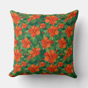 Coussin Fleurs d'Hibiscus Rouge Orange Vert Feuillage de l