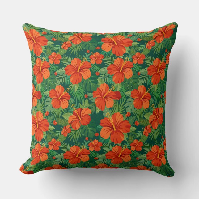 Coussin Fleurs d'Hibiscus Rouge Orange Vert Feuillage de l (Recto)