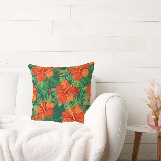 Coussin Fleurs d'Hibiscus Rouge Orange Vert Feuillage de l (Canapé)