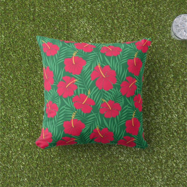 Coussin Fleurs d'Hibiscus Rouge sur Feuilles Tropicales Ve (Herbe)