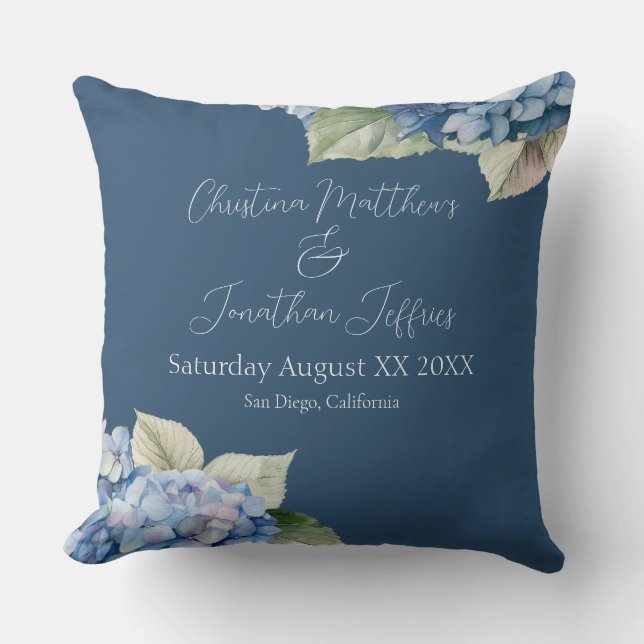 Coussin Fleurs d'hortensia à l'aquarelle bleue romantique  (Recto)