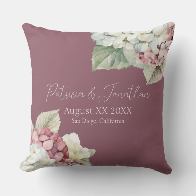 Coussin Fleurs d'hortensia à l'aquarelle rose et blanc sur (Recto)