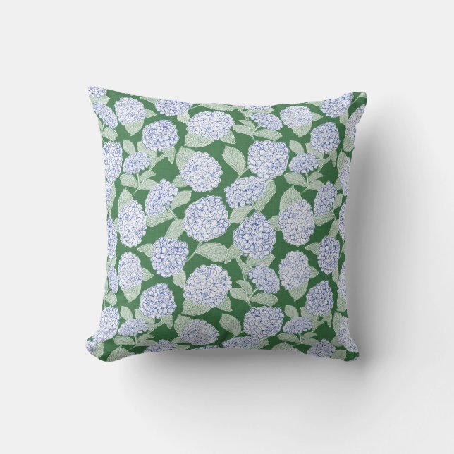 Coussin Fleurs d'hortensia bleues et vertes (Recto)