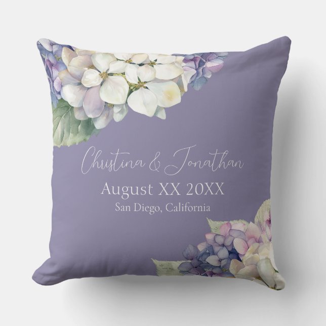 Coussin Fleurs d'hortensia violettes et blanches sur lavan (Recto)