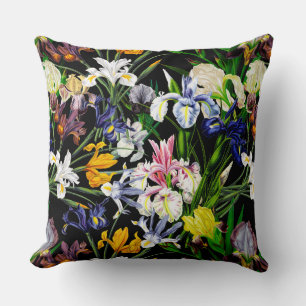 Coussin Fleurs d'Iris victoriennes colorées sur Motif noir