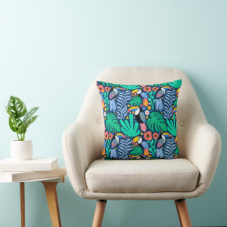 Coussin Fleurs d'oiseaux tropicales colorées Toucan Plante