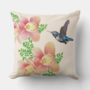 Coussin Fleurs d'orchidée rose et colibri sur ivoire