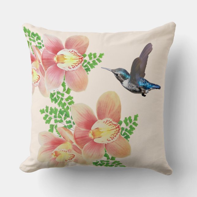 Coussin Fleurs d'orchidées roses et colibri en ivoire (Recto)