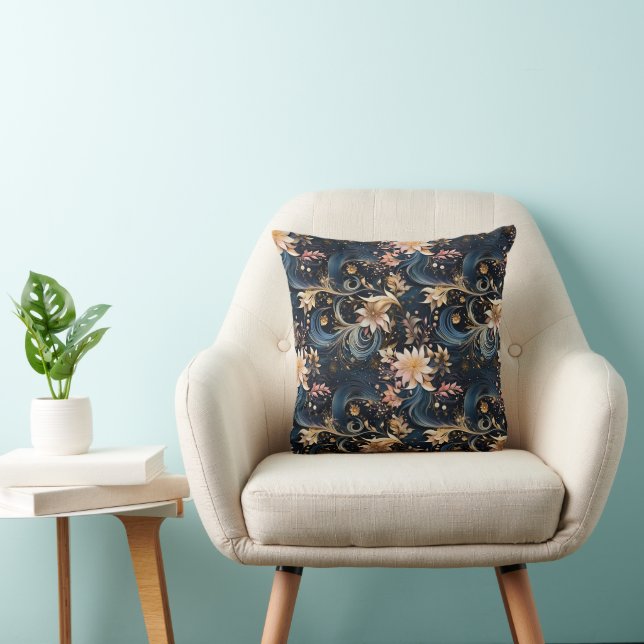 Coussin Fleurs dorées sophistiquées sur fond bleu marine (Chaise)