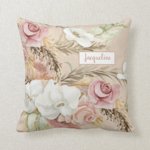 Coussin Fleurs Elégante Pampas Rose Rose Aquarelle