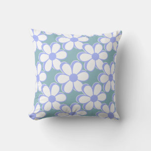 Coussin Fleurs élégantes bleu clair et blanc sur sarcelle