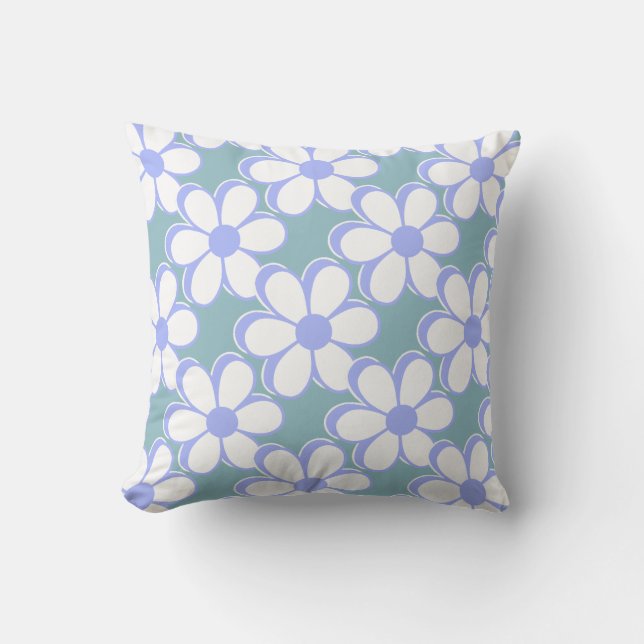 Coussin Fleurs élégantes bleu clair et blanc sur sarcelle (Recto)