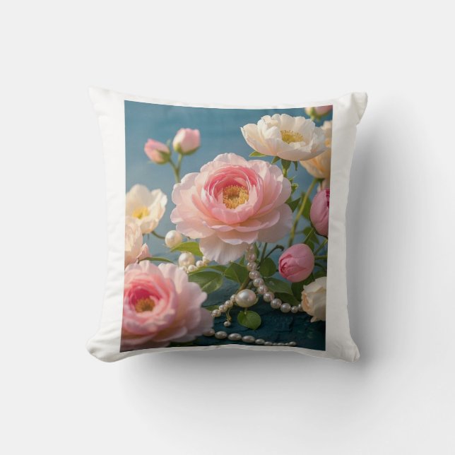 Coussin Fleurs élégantes rose clair blush avec perles  (Recto)