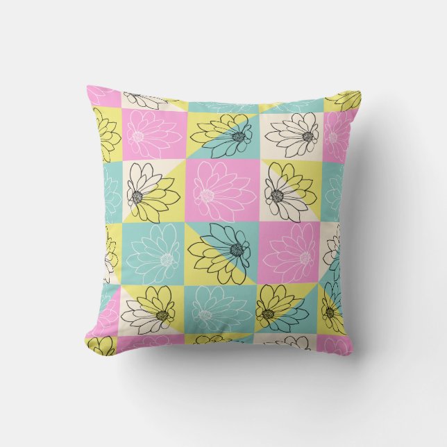 Coussin Fleurs élégantes rose sarcelle et jaune Damier pas (Recto)