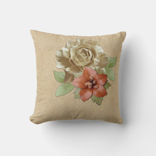 Coussin Fleurs en cuir sur daim crème