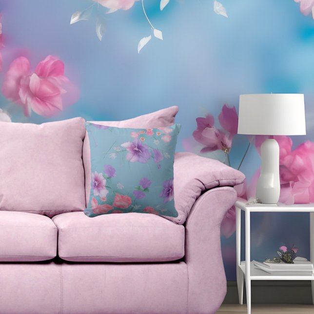Coussin Fleurs en soie rose bleu clair tissu feuilles vert (Créateur téléchargé)