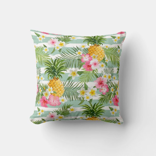 Coussin Fleurs et ananas tropicaux sur les rayures (Recto)