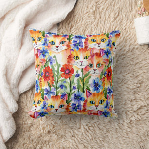 Coussin Fleurs et chats d'aquarelle d'art populaire