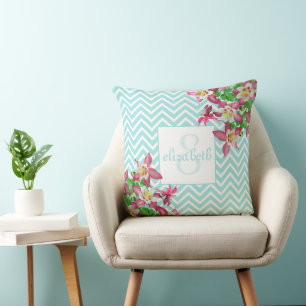 Coussin Fleurs et Chevron Monogrammed
