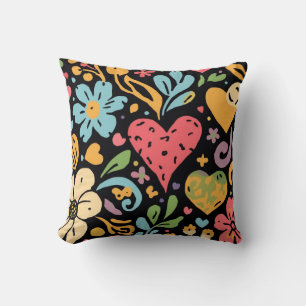 Coussin Fleurs et cœurs rétro groovy hippie