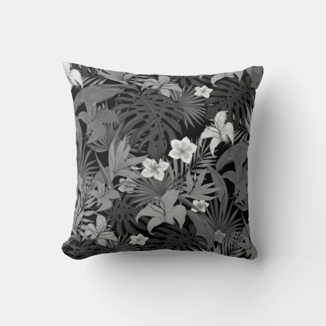 Coussin Fleurs et Feuilles de palmiers dans les tons gris (Recto)