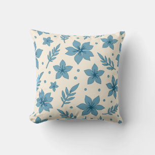Coussin Fleurs et feuilles d'étoiles bleues crème