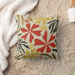 Coussin Fleurs et feuilles groovy rouges, jaunes, marron