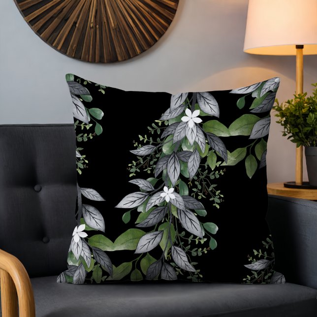 Coussin Fleurs et Feuilles Suspendues Fantaisistes Noir (Créateur téléchargé)
