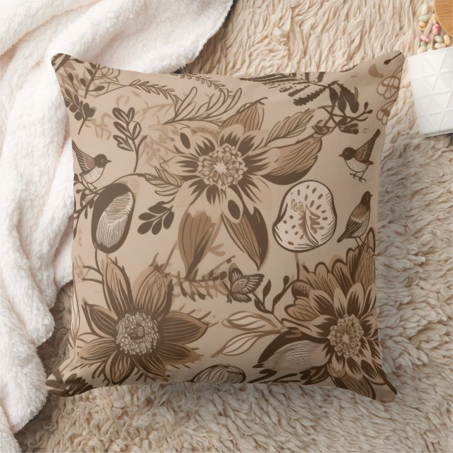 Coussin Fleurs et oiseaux brunâtres (Couverture)