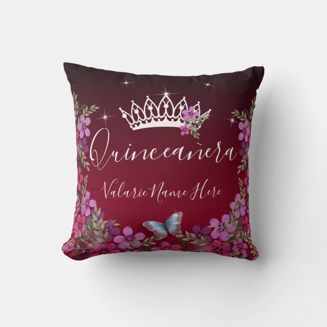 Coussin Fleurs et papillon Quinceanera Bourgogne (Recto)