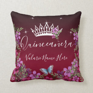 Coussin Fleurs et papillon Quinceanera Bourgogne