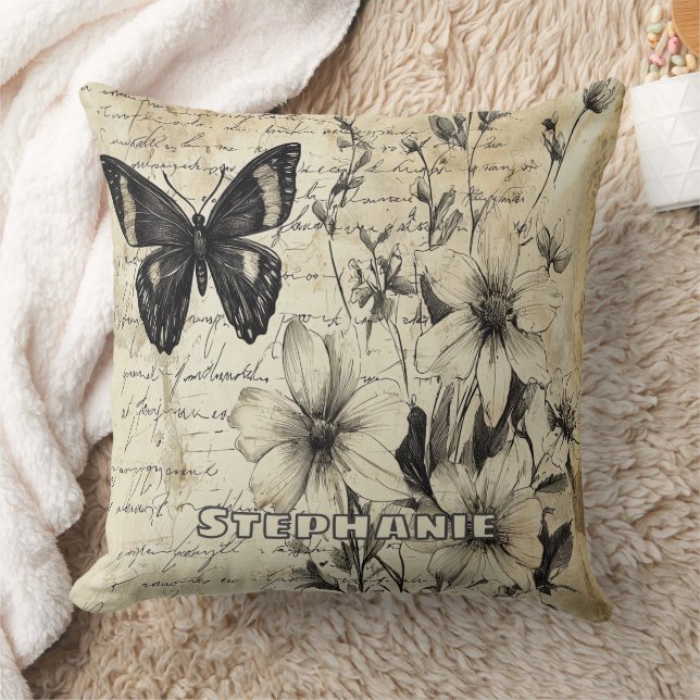 Coussin Fleurs et papillons rustiques - Papier vieilli (1) (Couverture)