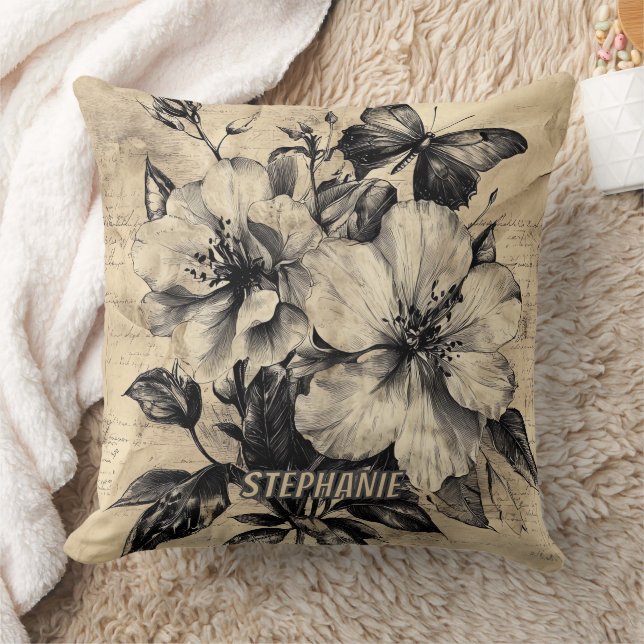 Coussin Fleurs et papillons rustiques - Papier vieilli (4) (Couverture)