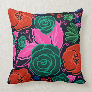 Coussin Fleurs et Roses colorés - Vert rose et noir
