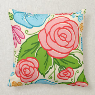 Coussin Fleurs et Roses pastel - Bleu rose et beige 3