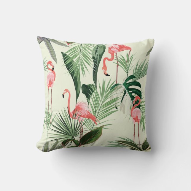 Coussin Fleurs exotiques et flamands roses, feuilles de pa (Recto)