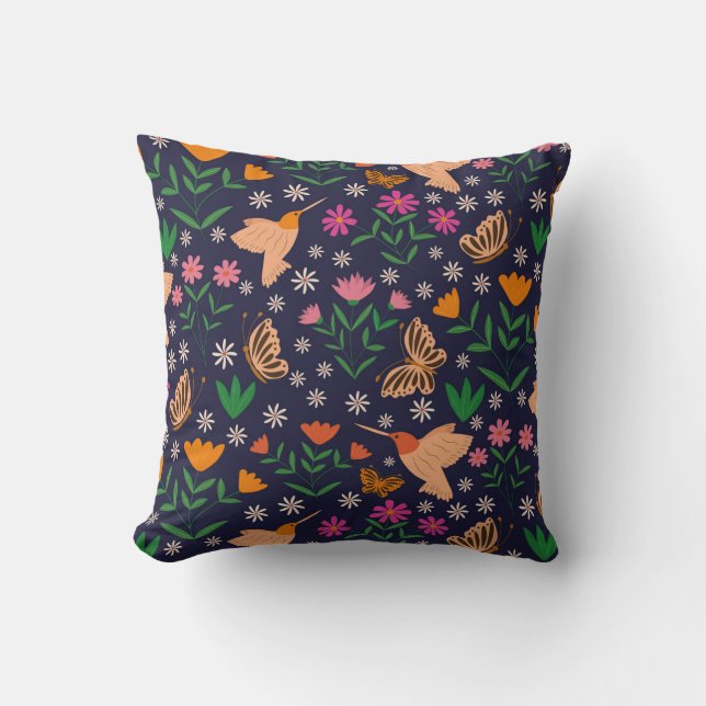 Coussin Fleurs fantaisistes avec oiseaux et papillons   (Recto)