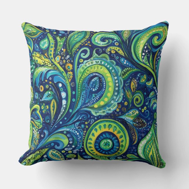 Coussin Fleurs fantaisistes bleu sarcelle lime (Recto)
