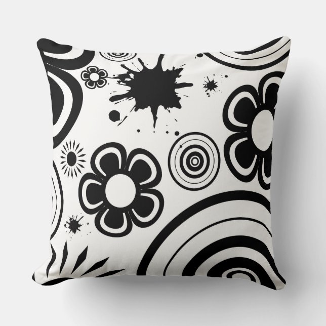 Coussin Fleurs fantaisistes noir et blanc, Cercles, Taches (Recto)
