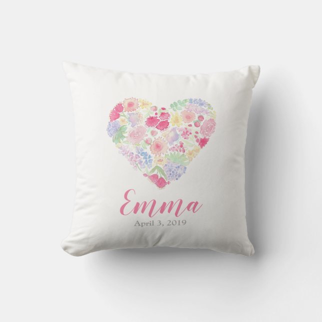 Coussin Fleurs Florales Aquarelle Cœur (Recto)
