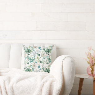 Coussin Fleurs Florales Blanches Feuillage Eucalyptus Tend