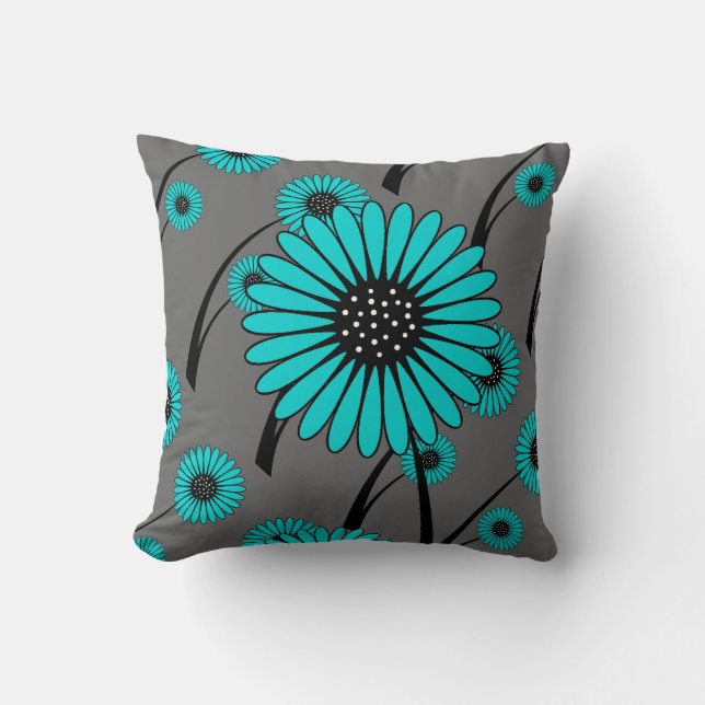 Coussin Fleurs Florales Bleu Gris Sarcelle Noir (Recto)