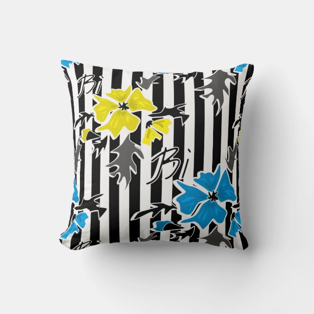Coussin Fleurs florales bleues jaunes gris feuille st (Recto)