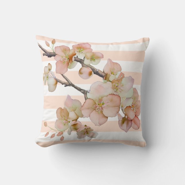 Coussin Fleurs florales doux orange pêche bandes blanches (Recto)