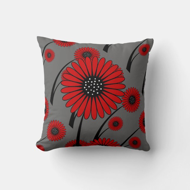 Coussin Fleurs Florales Grises Noires Rouges (Recto)