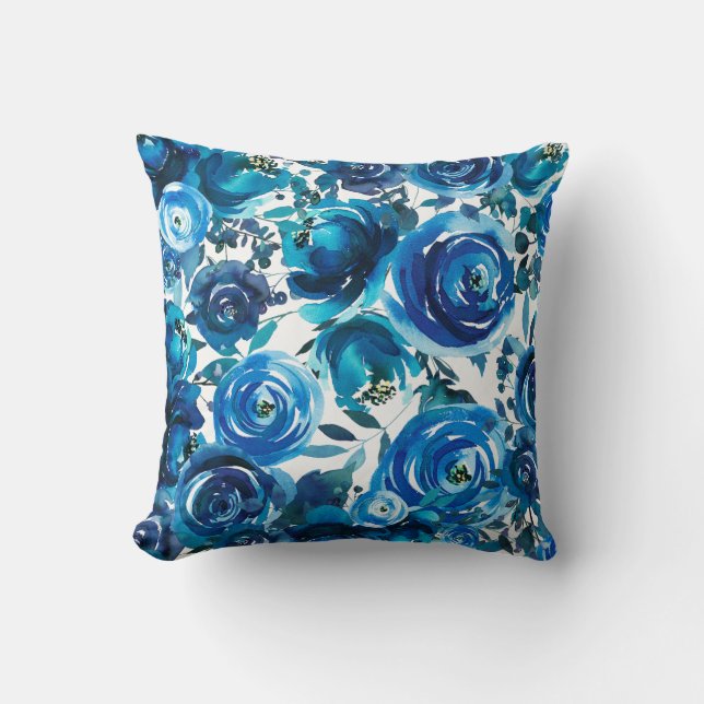 Coussin Fleurs Florales Indigo Bleu Élégant Shabby Chic (Recto)