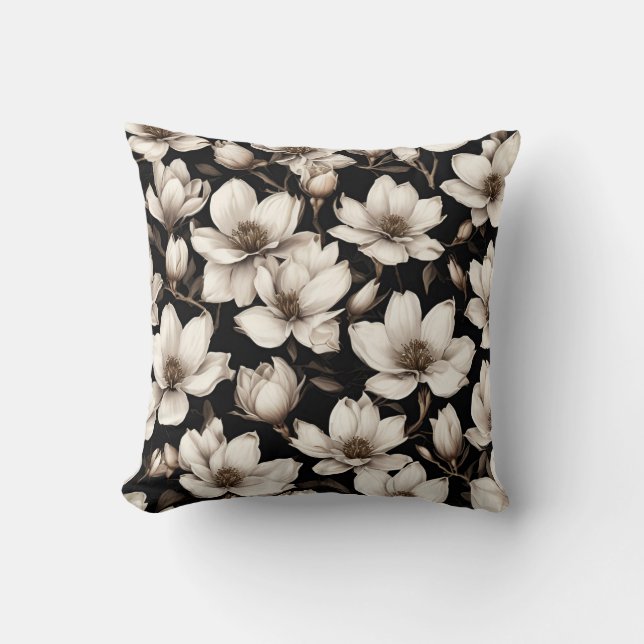 Coussin Fleurs florales modernes de Magnolia sur noir (Recto)